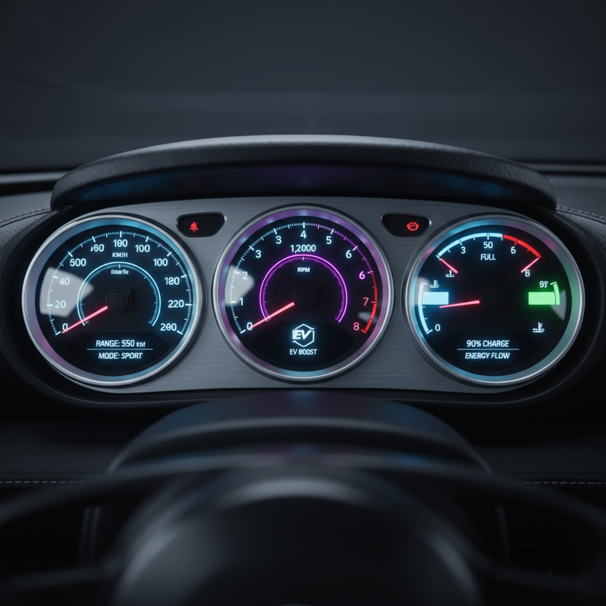 Close-up of futuristic car gauges with analog needles and neon backlighting.