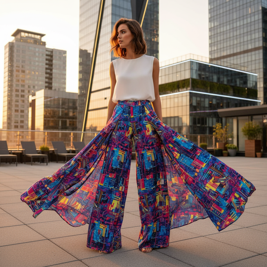 Palazzo pants with geometric motifs and neon gradients on a rooftop at golden hour.
