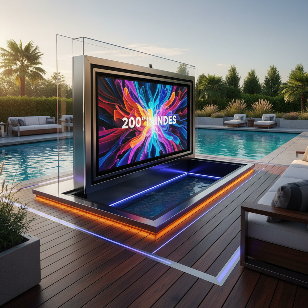 Custom deck with weatherproof TV, pool, and cinematic screen.