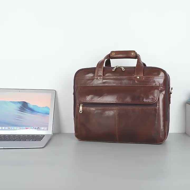 Oil Waxy Genuine Leather Briefcase Business Inch Laptop Bag