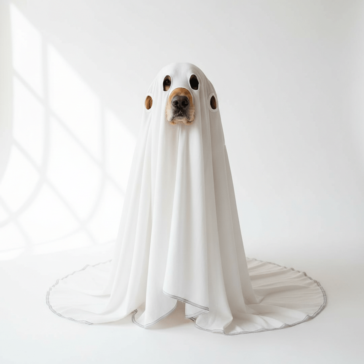 Medium dog in a tailored organic cotton sheet ghost costume with precise openings.