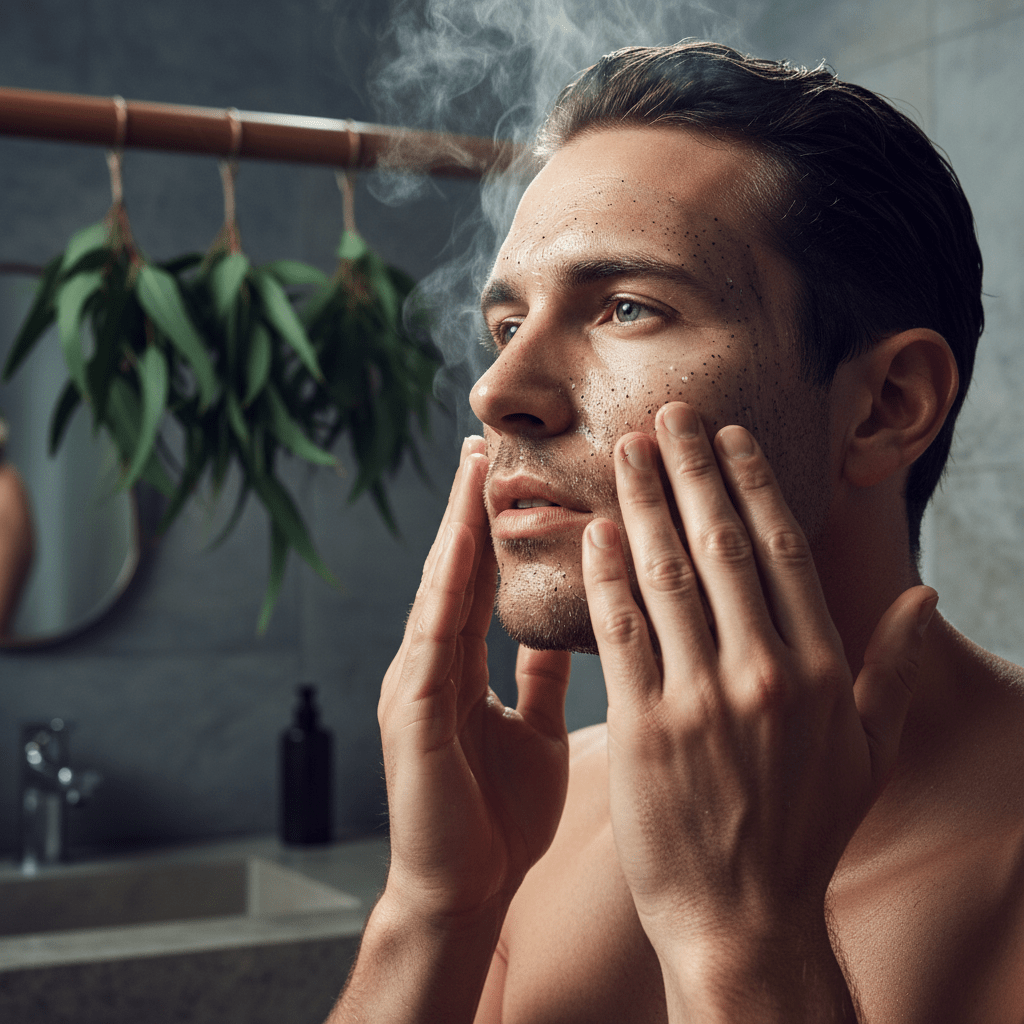 Charcoal gel face wash applied to skin with steam and eucalyptus leaves.