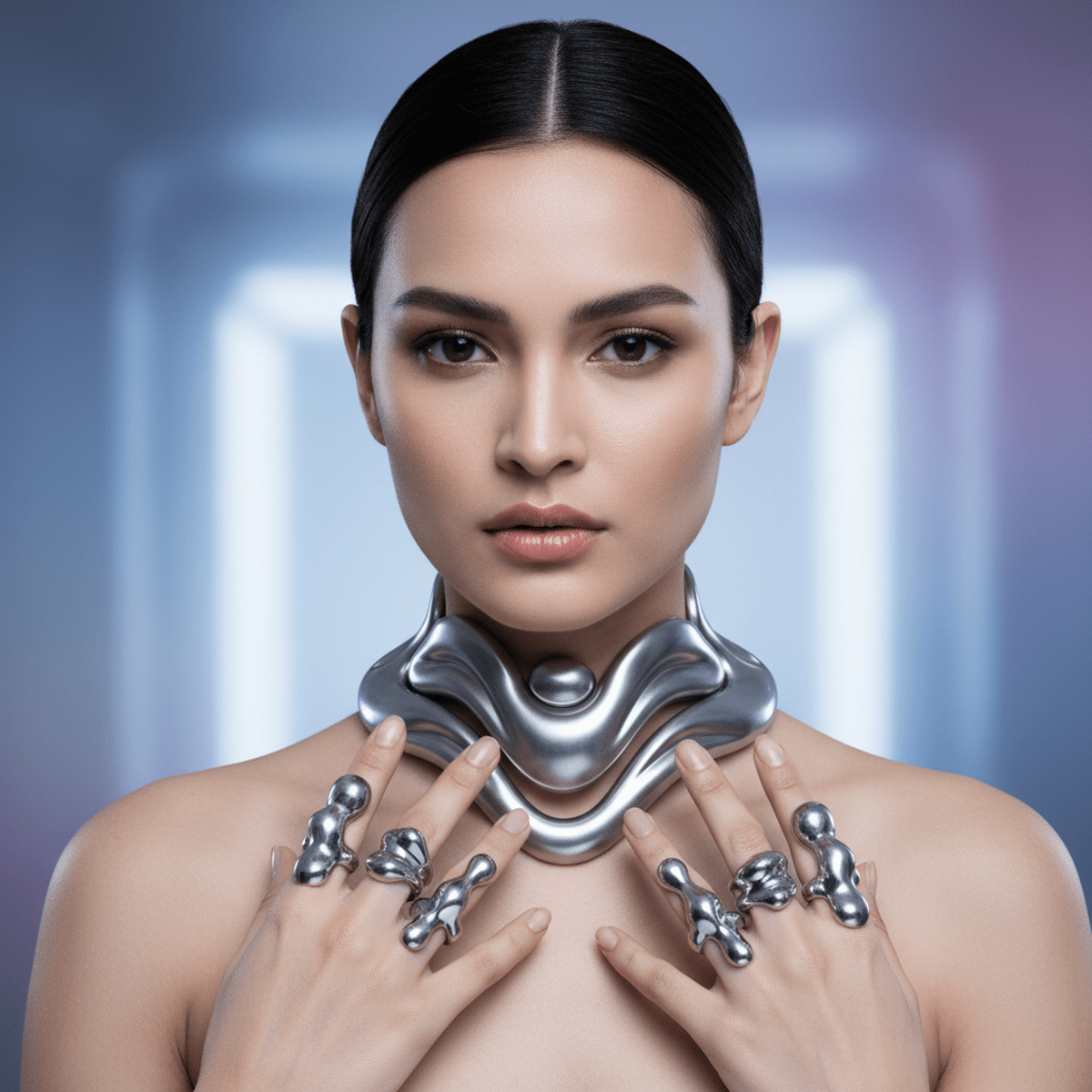Model wears avant-garde choker and rings resembling metallic organisms in sci-fi setting.