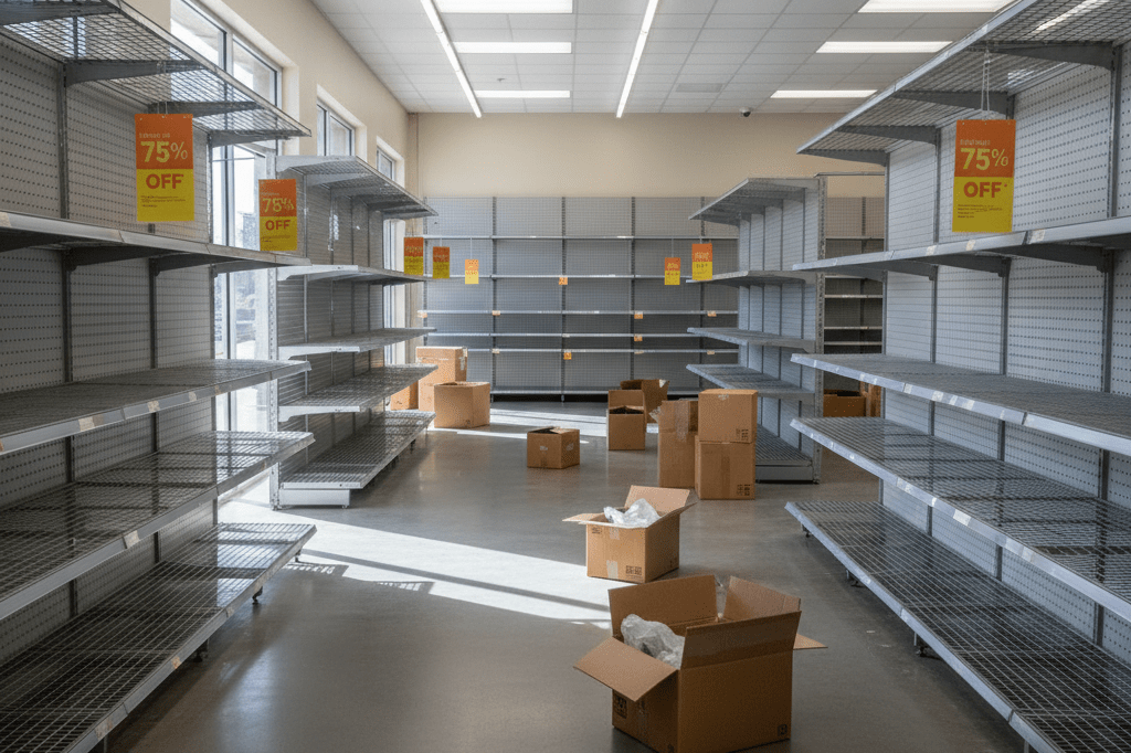 Photorealistic view of an empty grocery store aisle with clearance tags and packing boxes under natural light