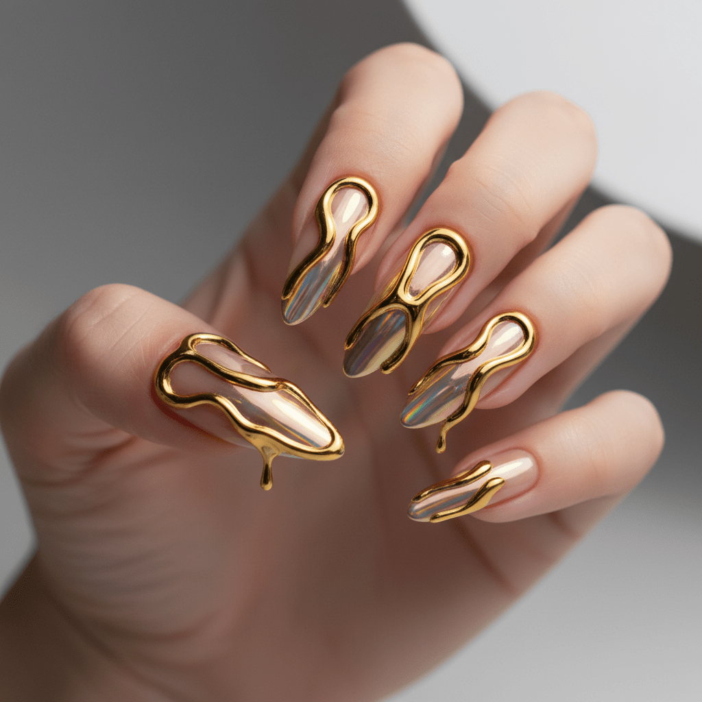 Trendy almond nails with sculpted molten metal drips and reflective finish.