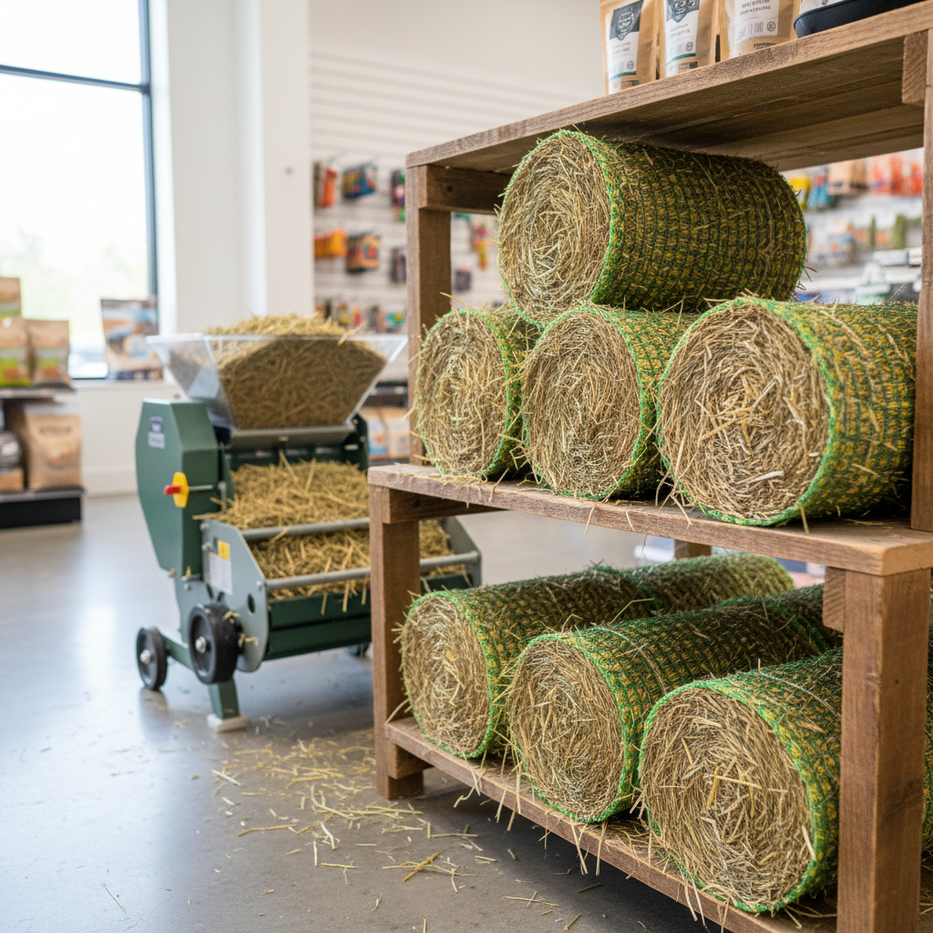 Mini round baler producing compact timothy hay bales on wooden shelves.