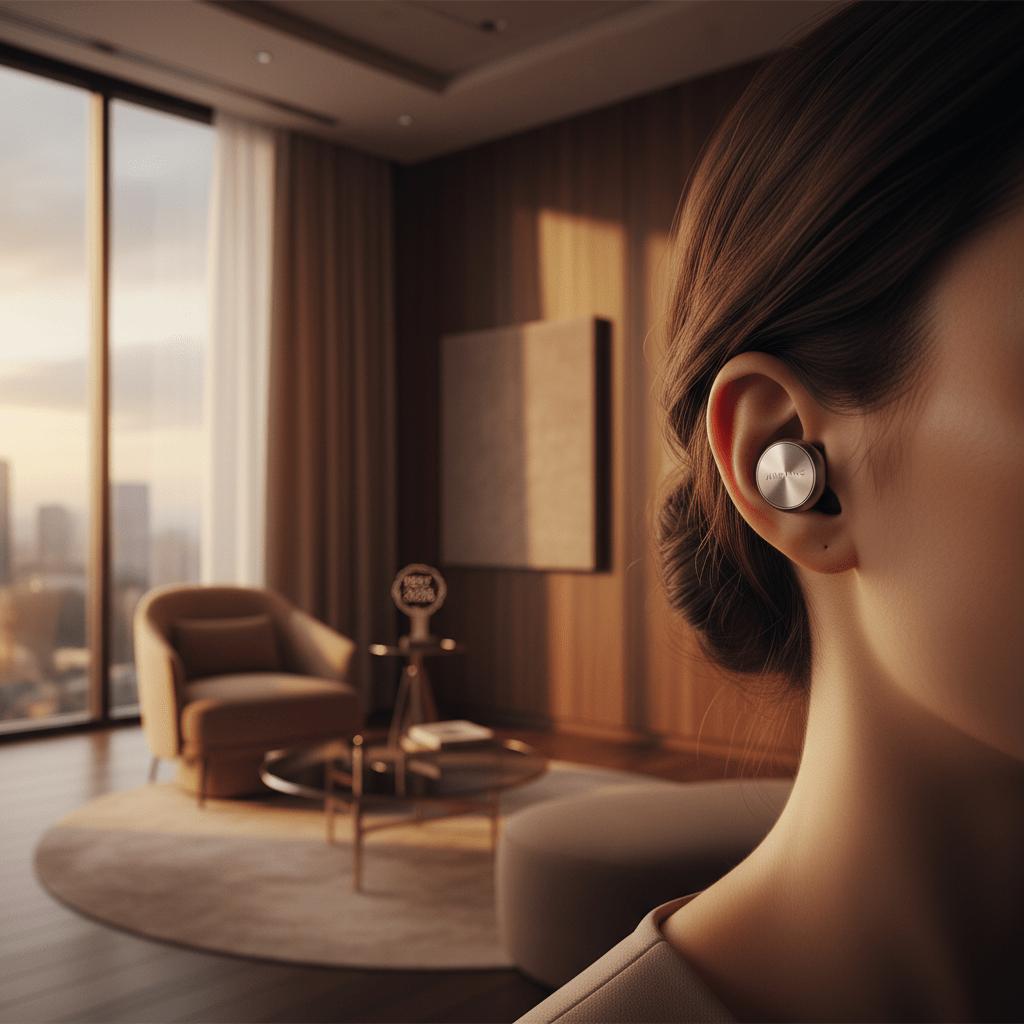 Person wearing premium earbuds with brushed aluminum in a modern, sunlit listening room.