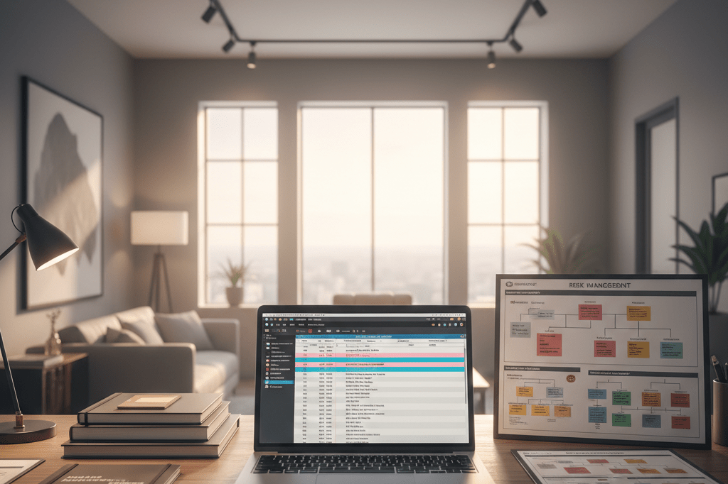 Wide shot of a Hollywood production office desk with laptop, reports, and charts under natural and ambient light, highlighting crisis management readiness