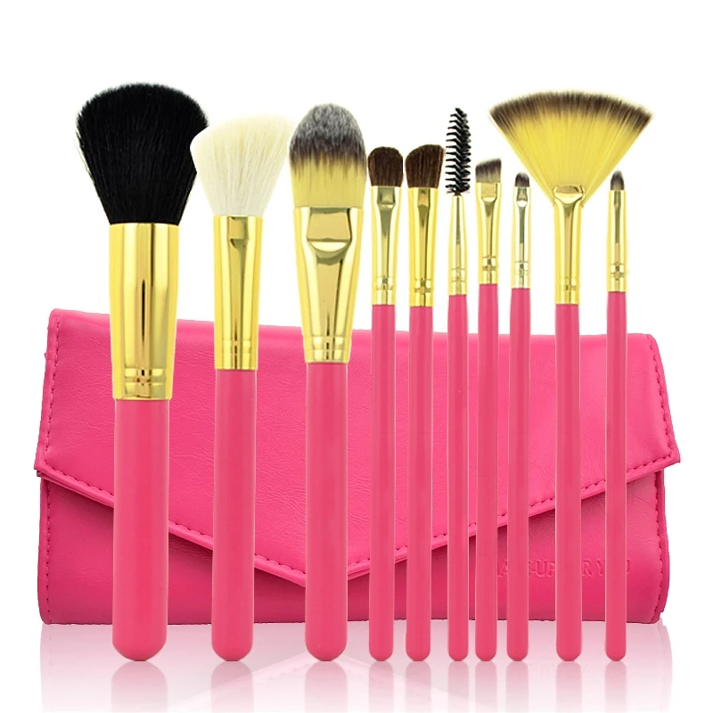 Hot selling beautiful 10 pcs makeup brush set with high-end pu wallet