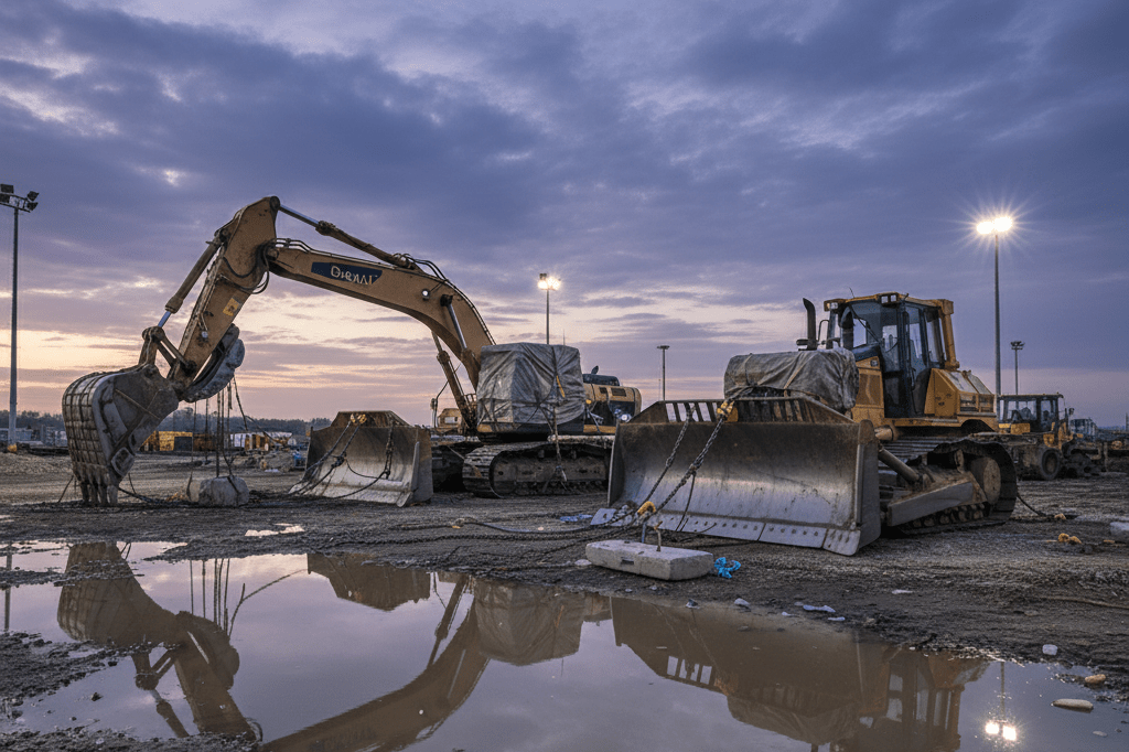 Heavy machinery anchored securely at a construction site under fading evening light post-storm