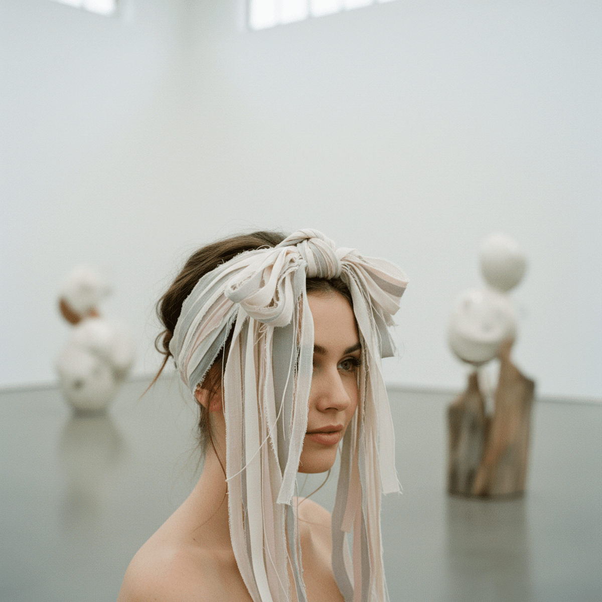 A woman wears a unique raw-edge silk and chiffon headband resembling wearable art.