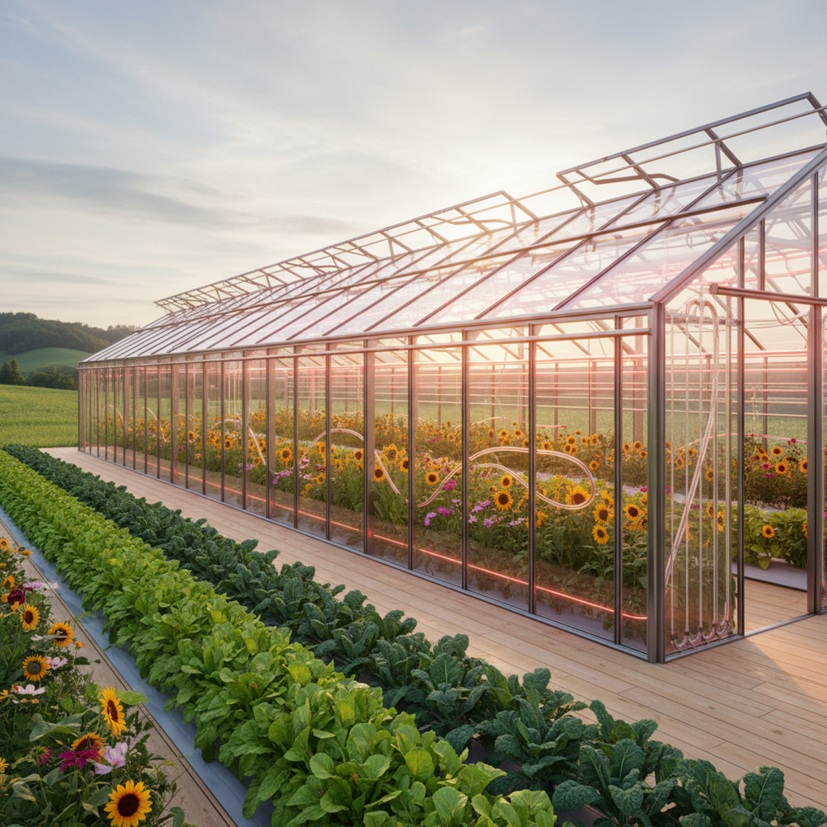 Sleek sustainable greenhouse with solar heaters basks in warm golden hour sunlight.