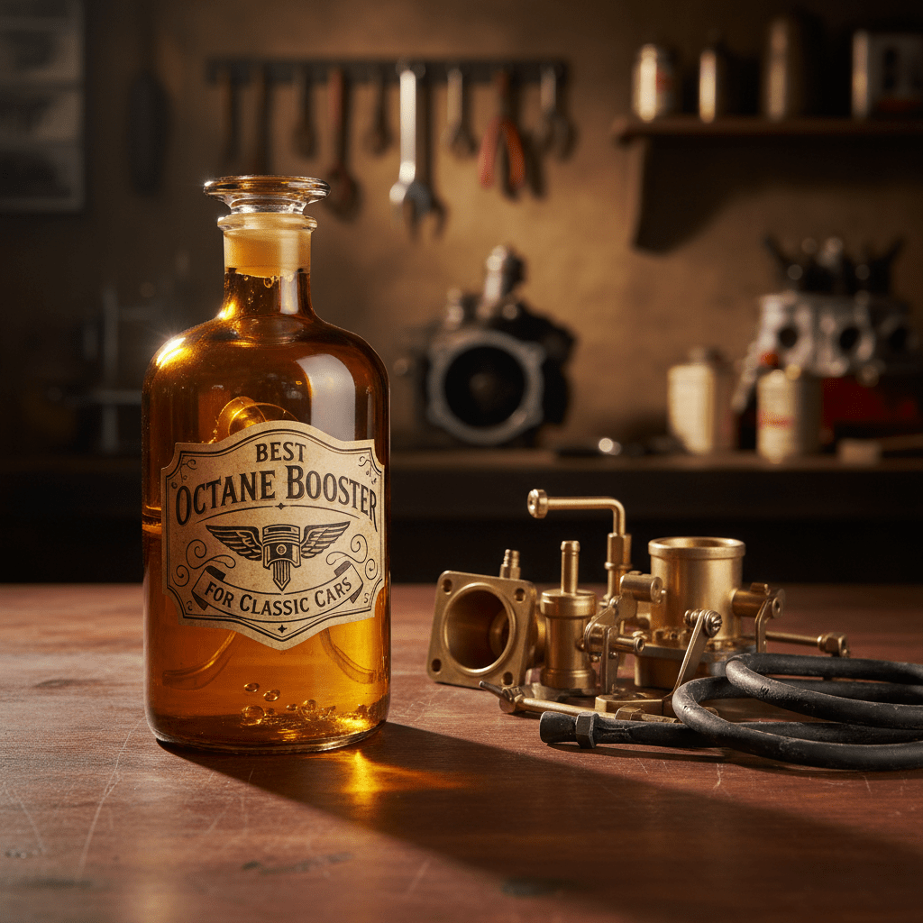 Vintage fuel bottle and brass carburetor parts on a wooden workbench.