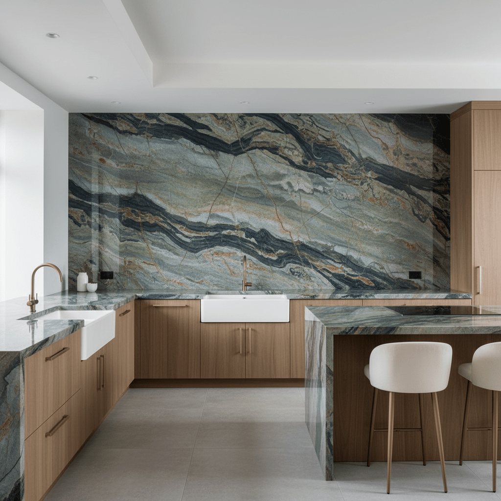 Luxury modern kitchen with bold quartzite slab backsplash and warm wood cabinets.