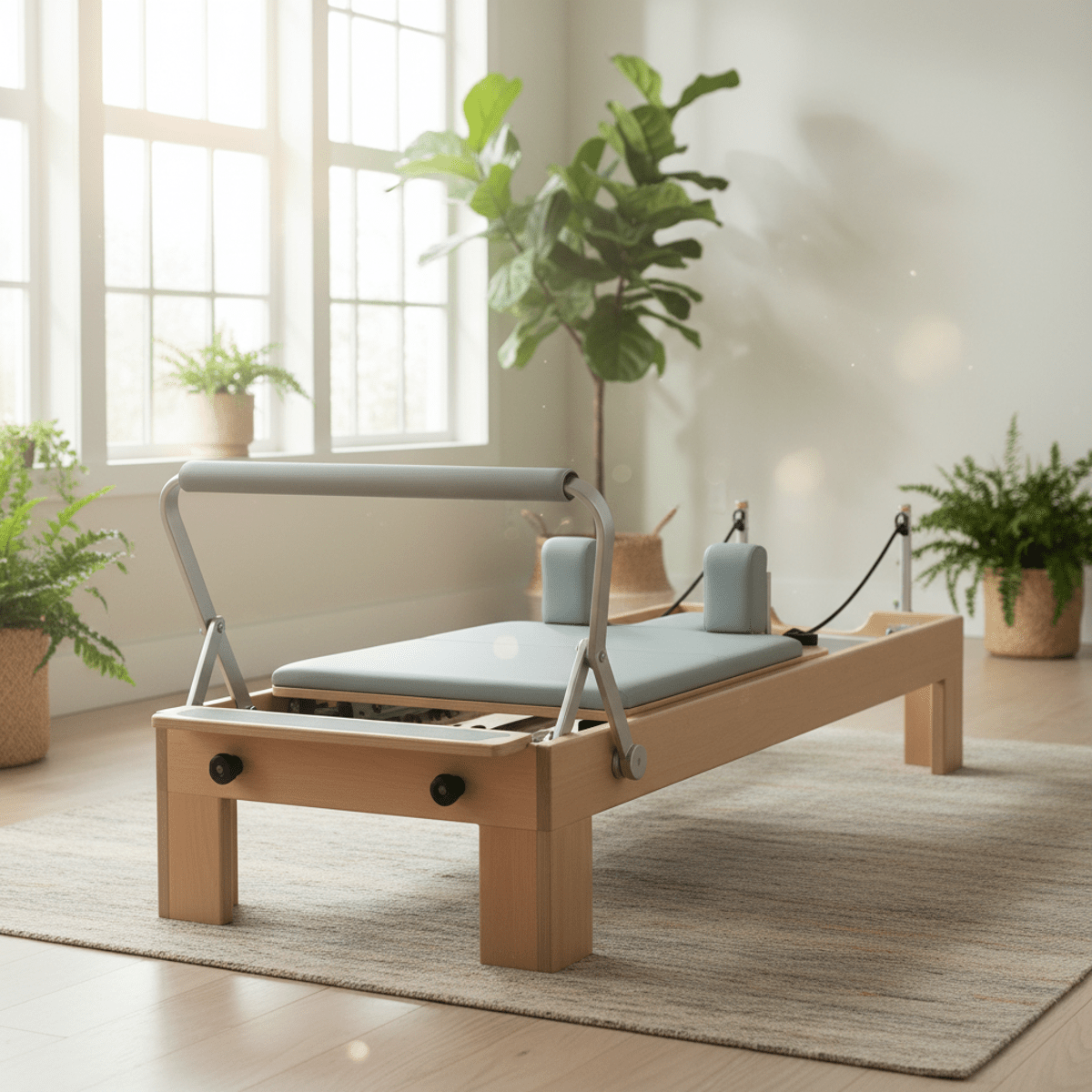 Home Pilates reformer with elevated carriage and wood accents in a sunlit studio.
