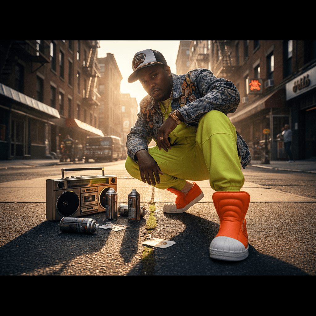 Street performer in 80s hip hop style with sneakers on a city sidewalk.