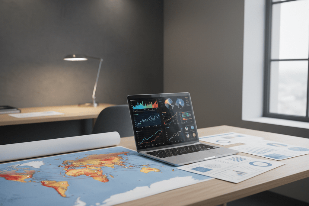 Modern office desk with climate graphs, reports, and a world map under natural and ambient light, representing global economic risks