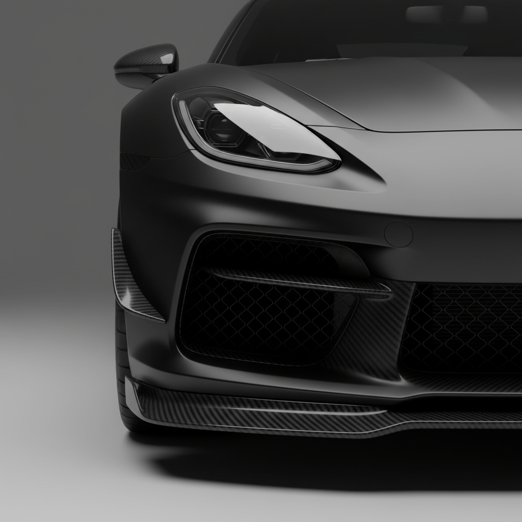 Close-up of satin black car wrap with high-impact carbon fiber aerodynamic panels.