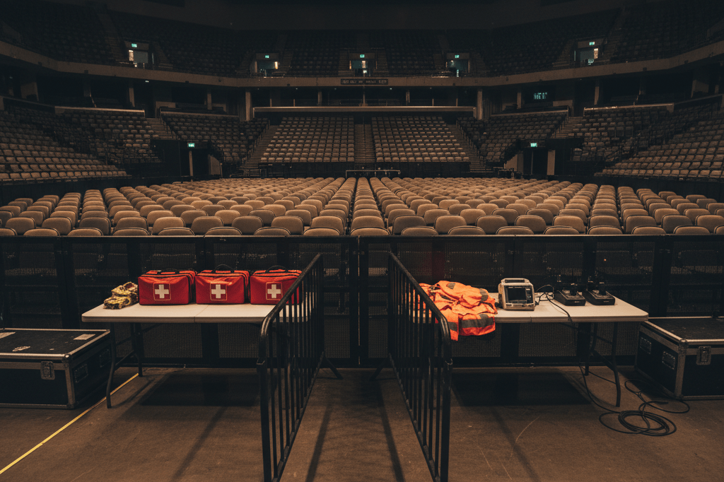 Wide view of concert venue emphasizing crowd safety setup Empty concert venue with safety barriers and equipment under soft ambient lighting, showcasing preparedness for large-scale events
