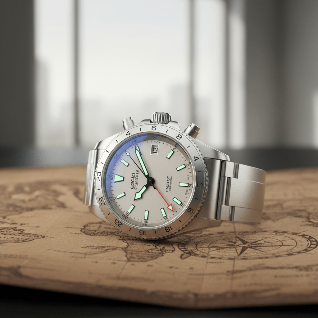 Luxurious travel watch with dual time zone display on a leather map.