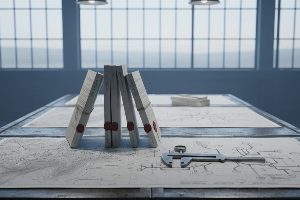 Strategic planning table for deepwater offshore energy project agreements Industrial desk with offshore energy maps and contracts under cool light, symbolizing long-term procurement strategy