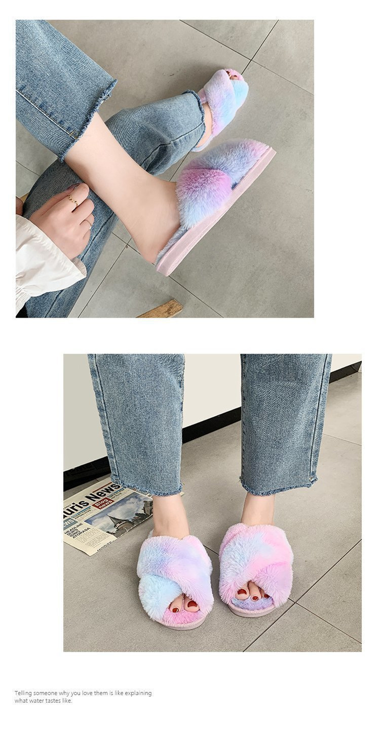 Indoor House Furry Slippers Women Winter Warm Shoes Slides Plush Flat Slipper