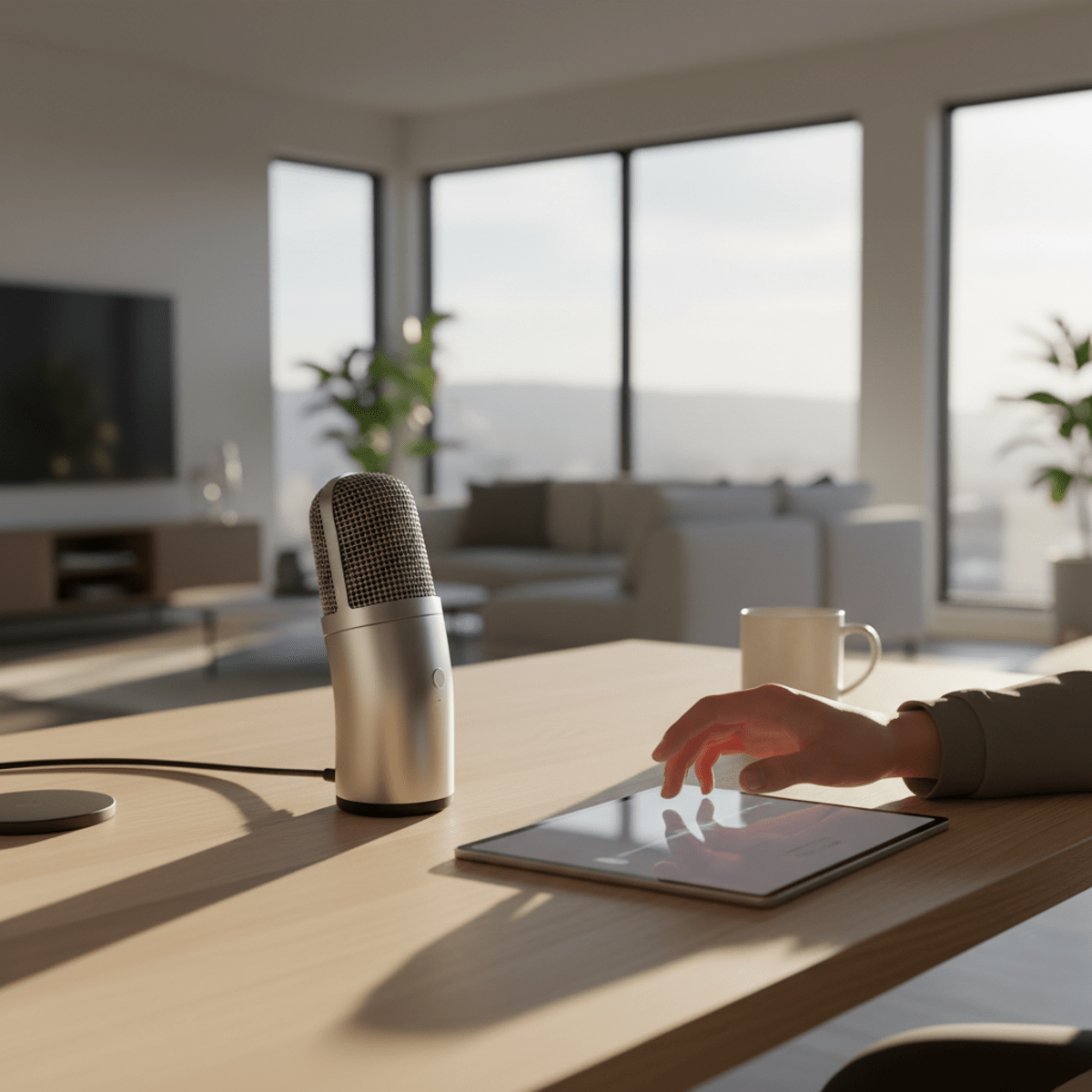 Brushed aluminum microphone sits beside tablet on a light wood desk with sunlight.