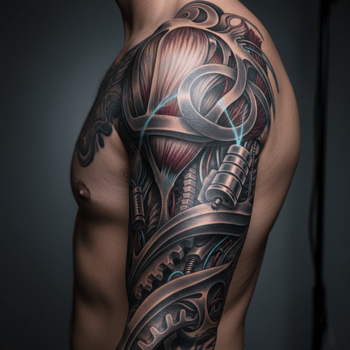 Surreal biomechanical tattoo merging flesh and chrome Surreal biomechanical tattoo on arm, merging flesh with polished chrome machinery.