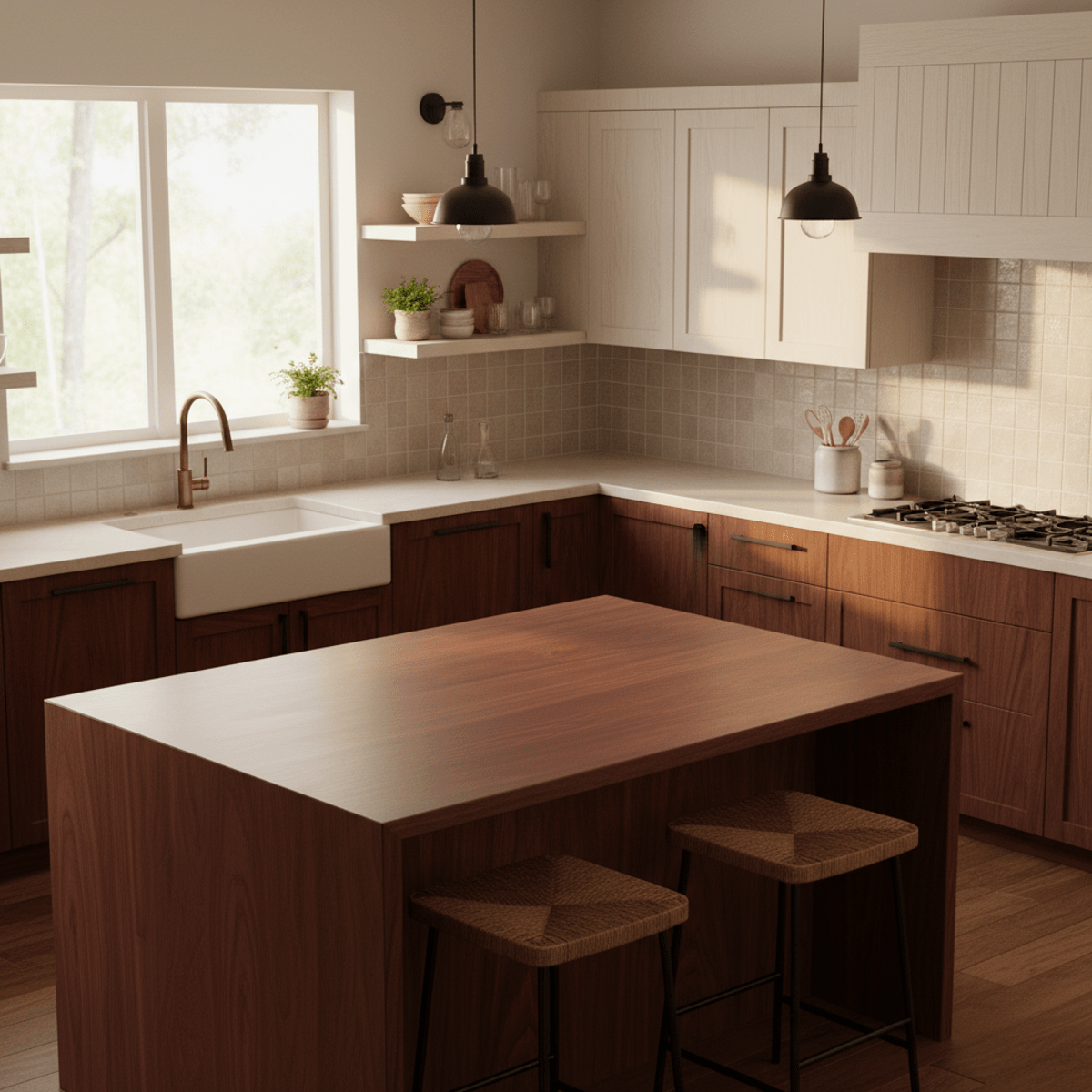 Warm wood shaker kitchen with cherry island and matte black handles, bathed in golden light.