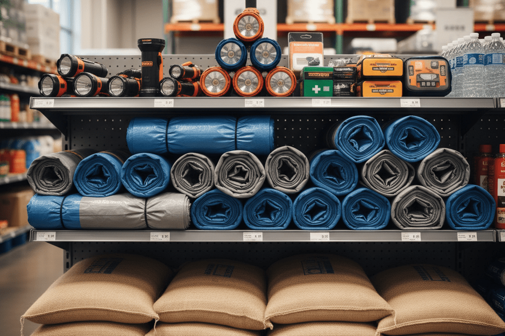 Strategic retail inventory for severe weather response Shelves stocked with sandbags and flood gear under warm store lights, symbolizing proactive retail readiness