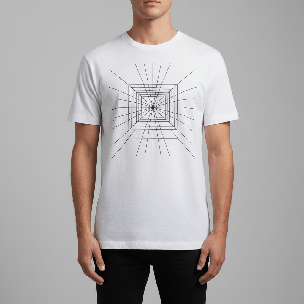 Close-up of a white t-shirt with a minimalist architectural blueprint line pattern.