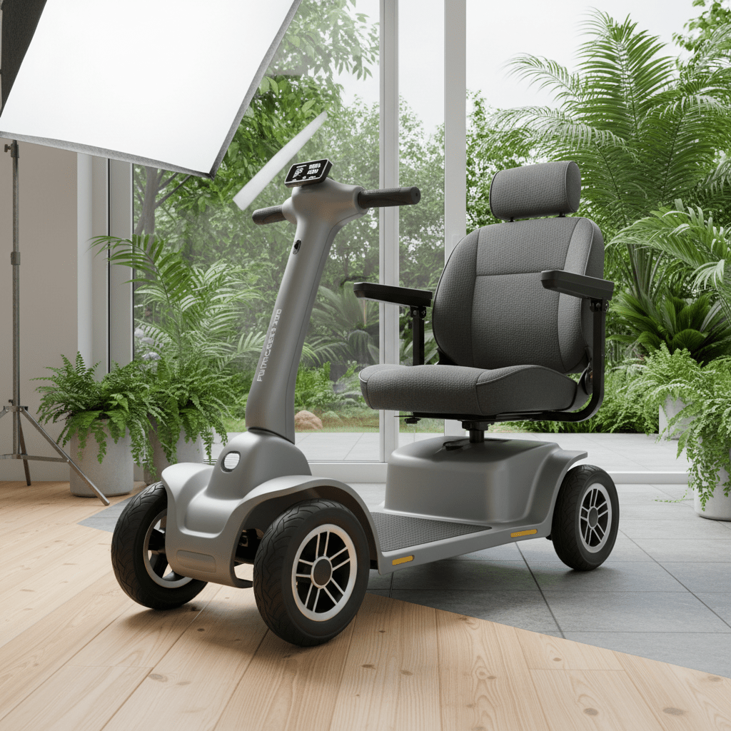 Futuristic mobility scooter with durable, puncture-proof tires. Futuristic mobility scooter on a patio with durable, puncture-proof solid tires.