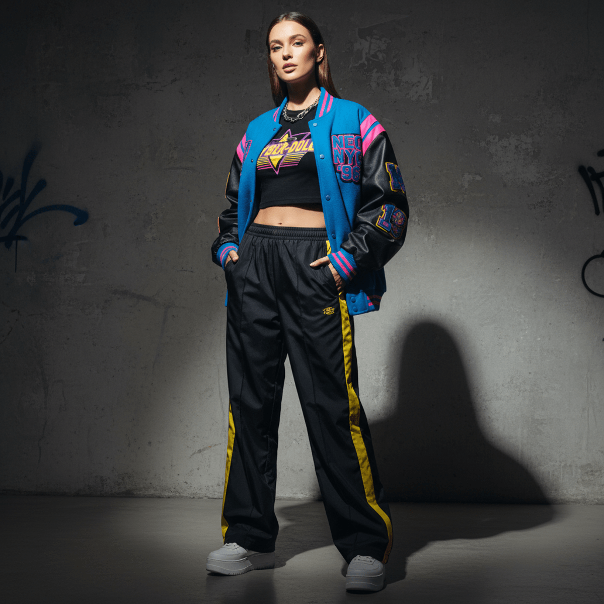 Woman models 90s fashion with neon varsity jacket and track pants.