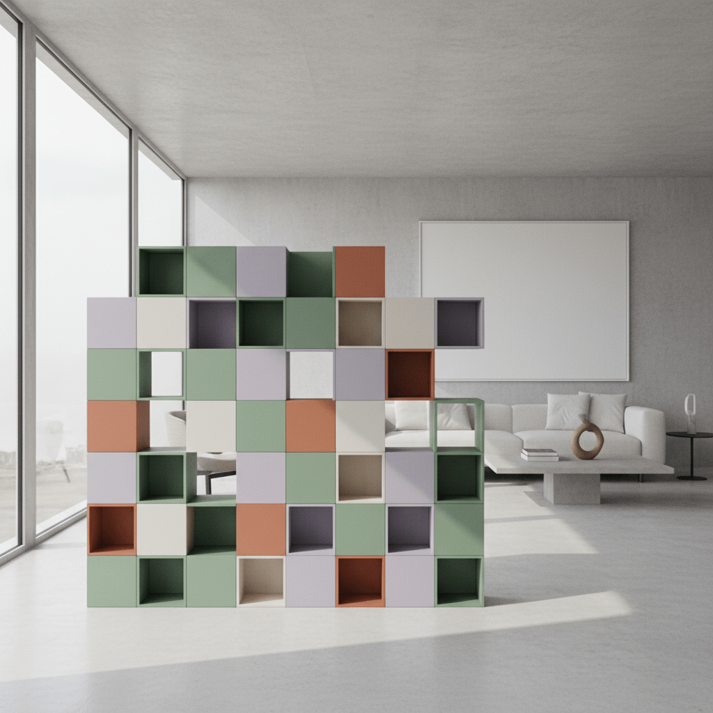 Futuristic room divider made of recycled ocean plastic blocks in a modern living space.