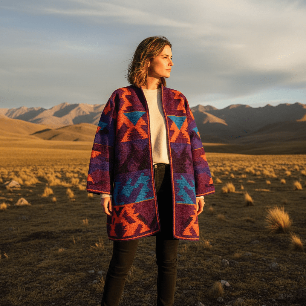 Oversized handwoven Aguayo cardigan with geometric patterns on an Andean plateau.