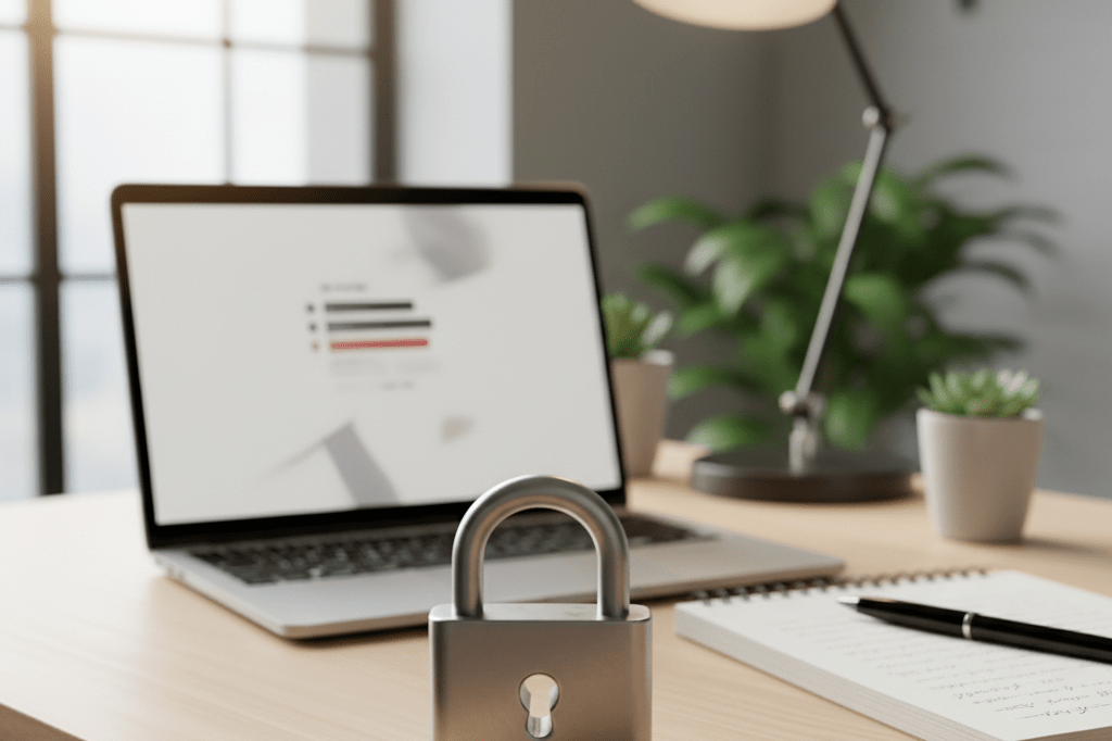 Centered matte metal lock icon on a well-lit desk beside a laptop showing a blurred login interface and notebook