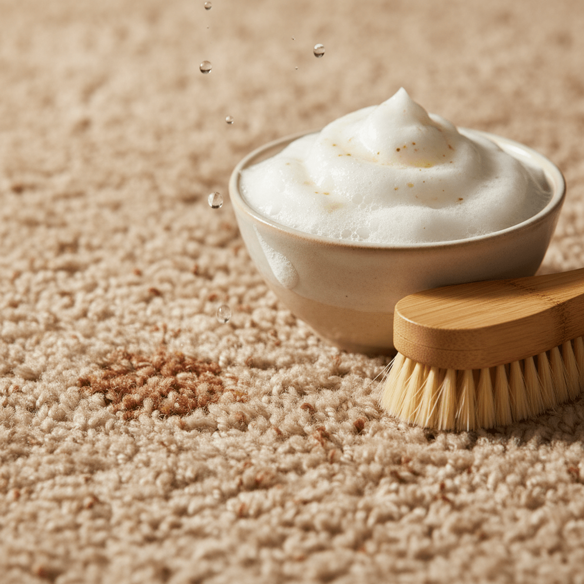 Foamy natural cleaner tackling a small carpet stain with a soft brush nearby.