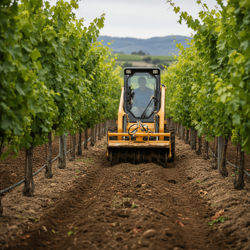 Mini skid steer with tiller cultivates soil between lush grape vines in a vineyard.