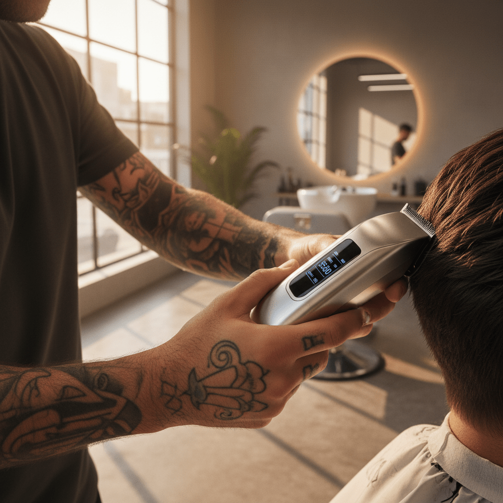 Professional barber blending hair with advanced fade clippers displaying RPM and battery.