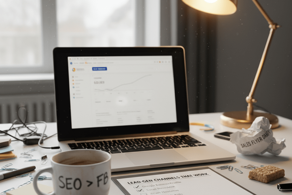 Small business desk showing analytics dashboard and lead-generation alternatives to social media Medium shot of a small business desk with laptop showing low social reach metrics and printed checklist of high-conversion marketing alternatives