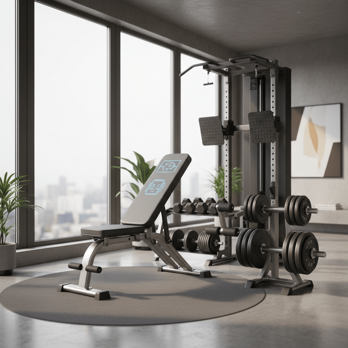 Sleek modular home gym in a modern apartment corner with smart bench and adjustable dumbbells.