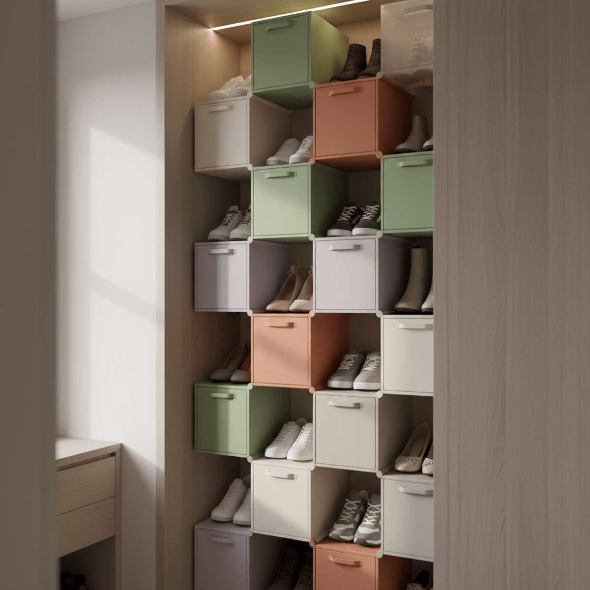 Tall stack of sage green, terracotta, and lavender recycled plastic storage boxes in a closet.