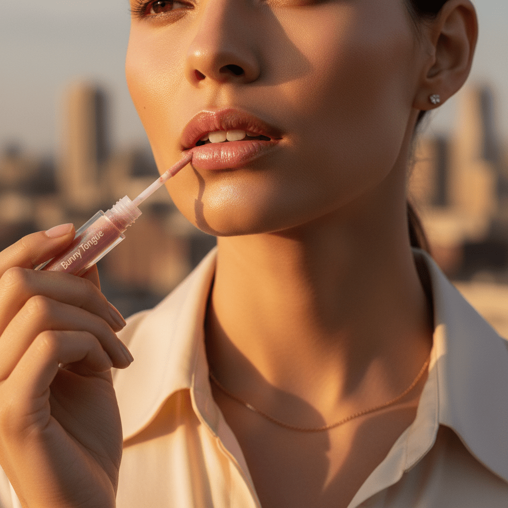 Model applies holographic blush pink lip gloss with pearlescent shimmer.