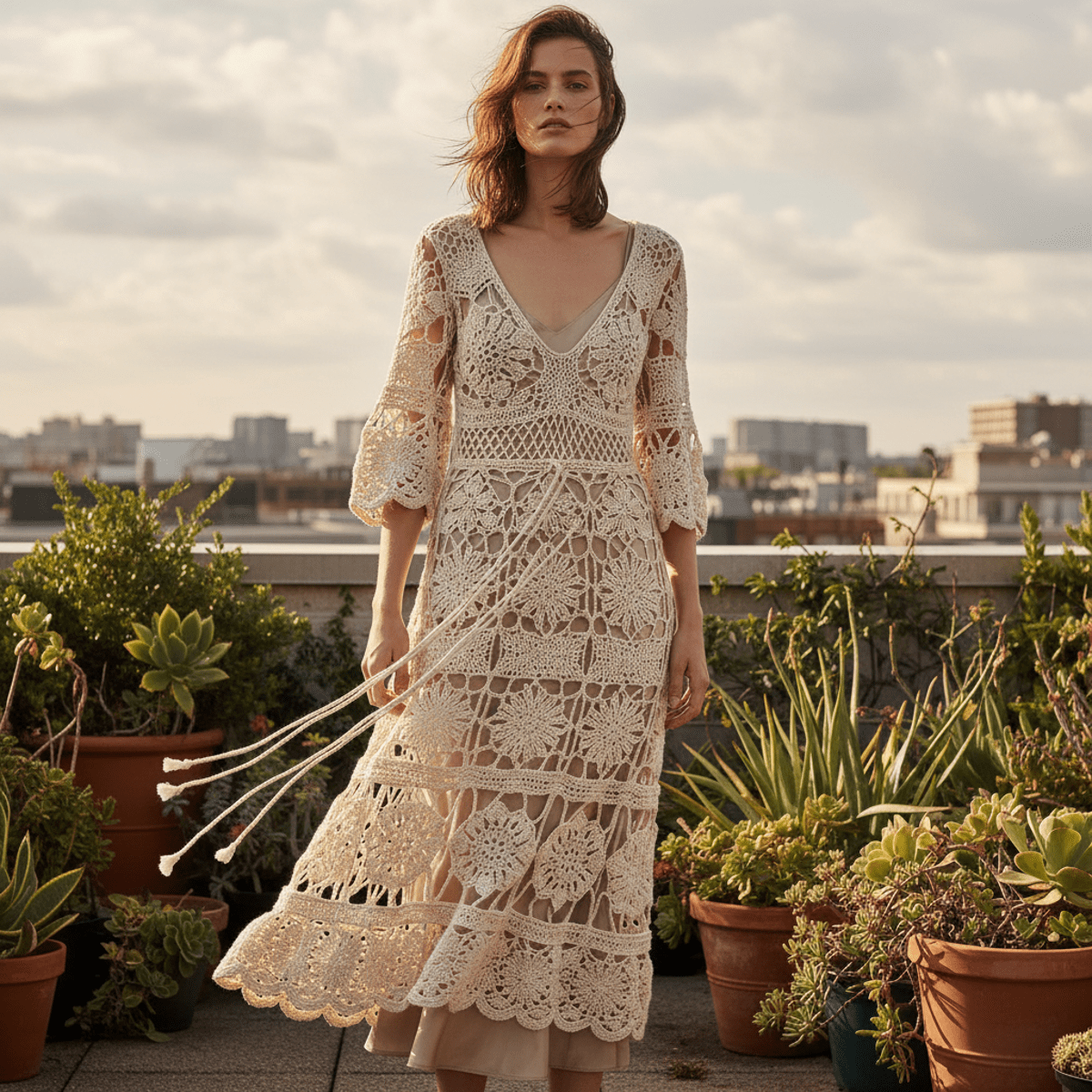Model wears a cream crochet dress with open weave in a sunlit rooftop garden.