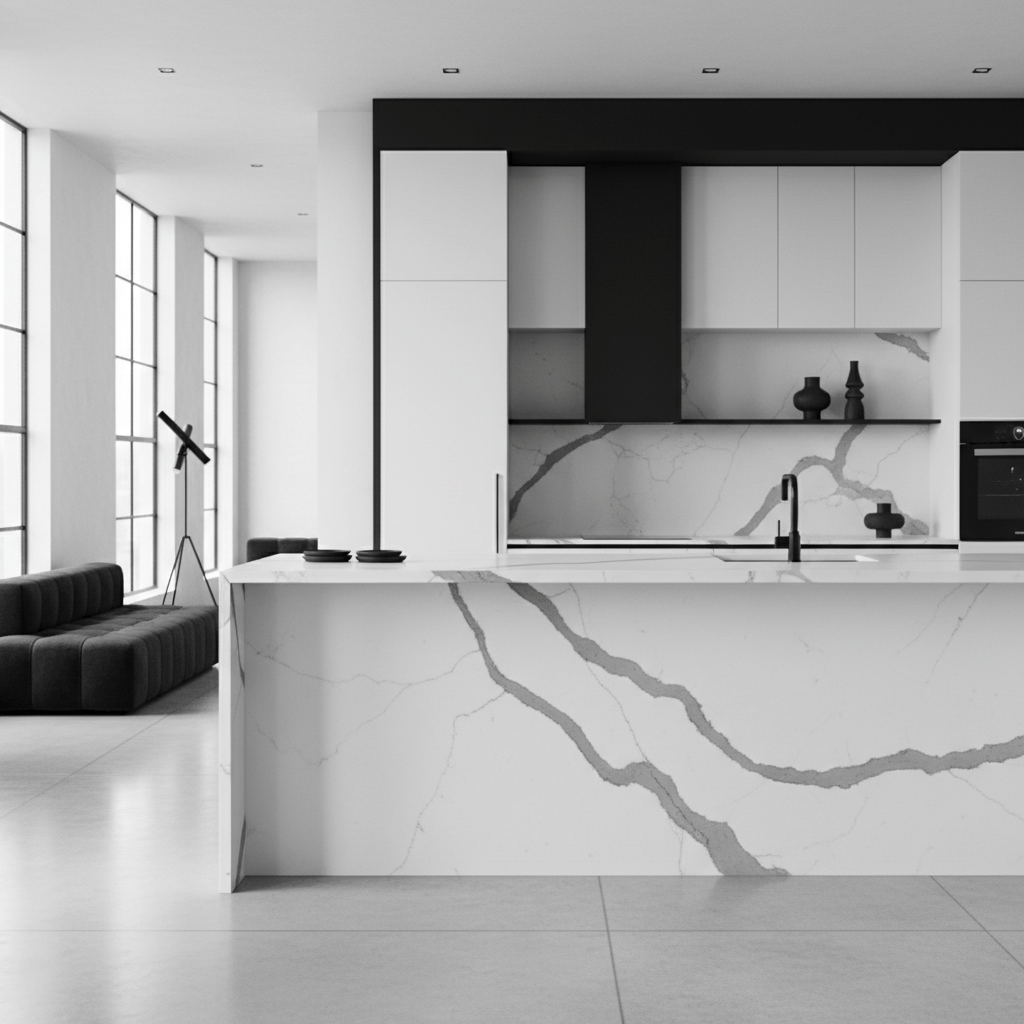 Contemporary kitchen with a monolithic quartz waterfall island and matte black accents.