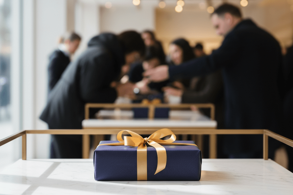 Elegant wrapped product box on retail table under warm light, evoking suspense marketing strategy