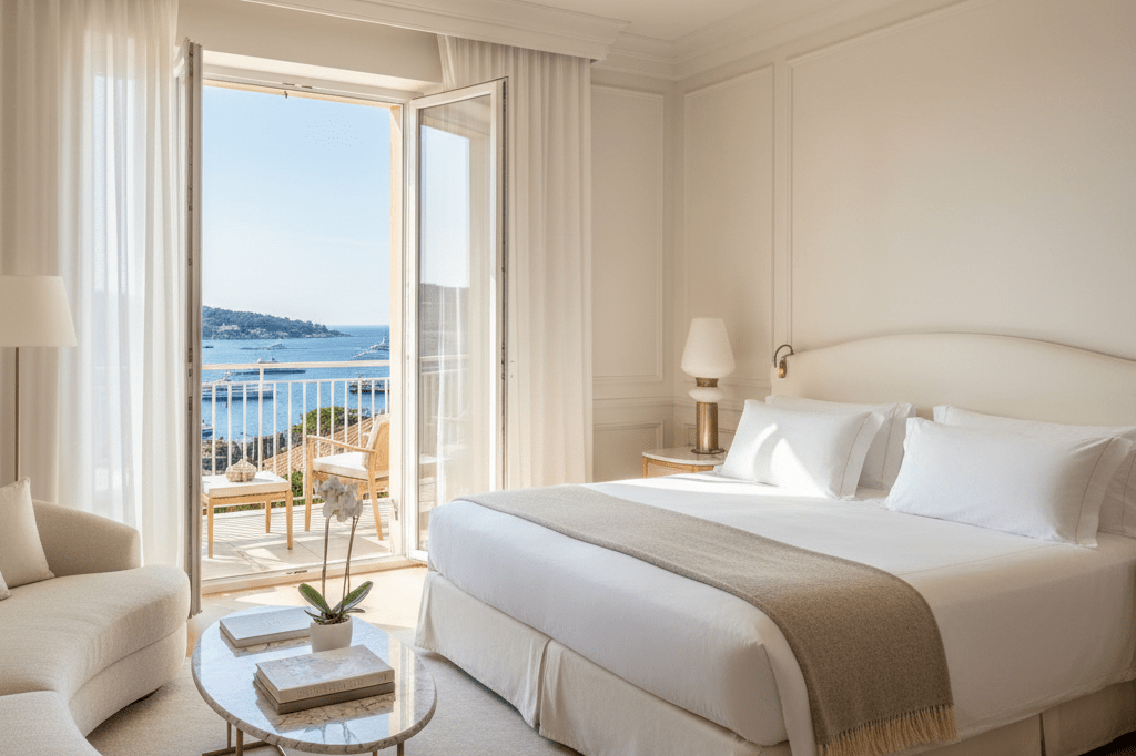 Elegant Saint-Tropez hotel suite with sea view Luxury hotel suite featuring modern furnishings and Mediterranean Sea view under warm natural lighting