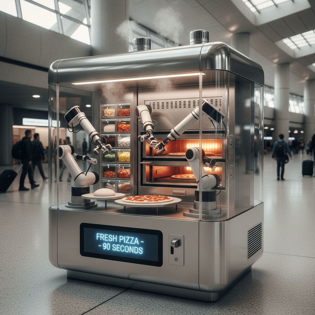 Sleek futuristic vending machine automatically making fresh pizza with robotic arms.