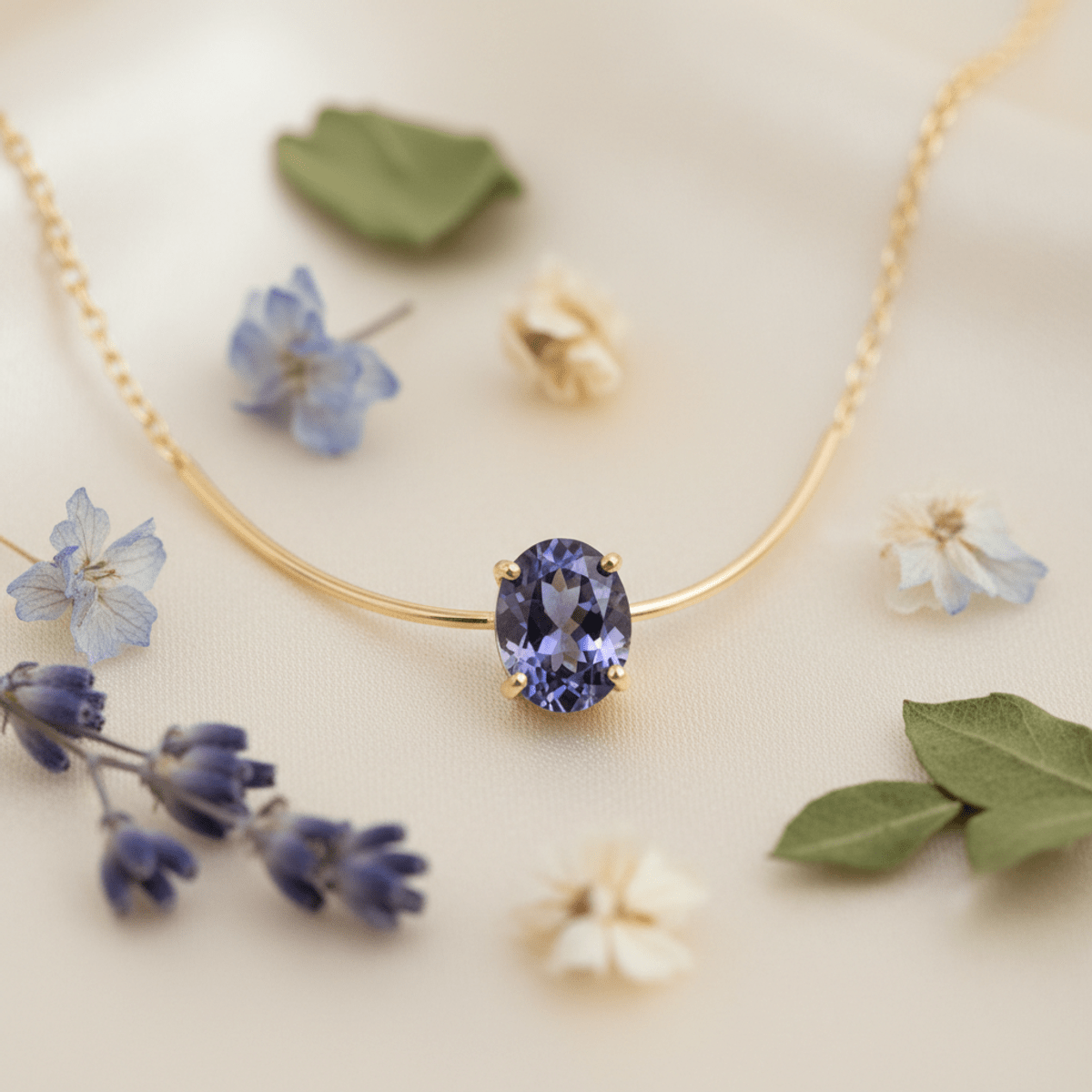 Close-up of an ethical tanzanite necklace on cream silk, highlighting recycled gold and gemstone.