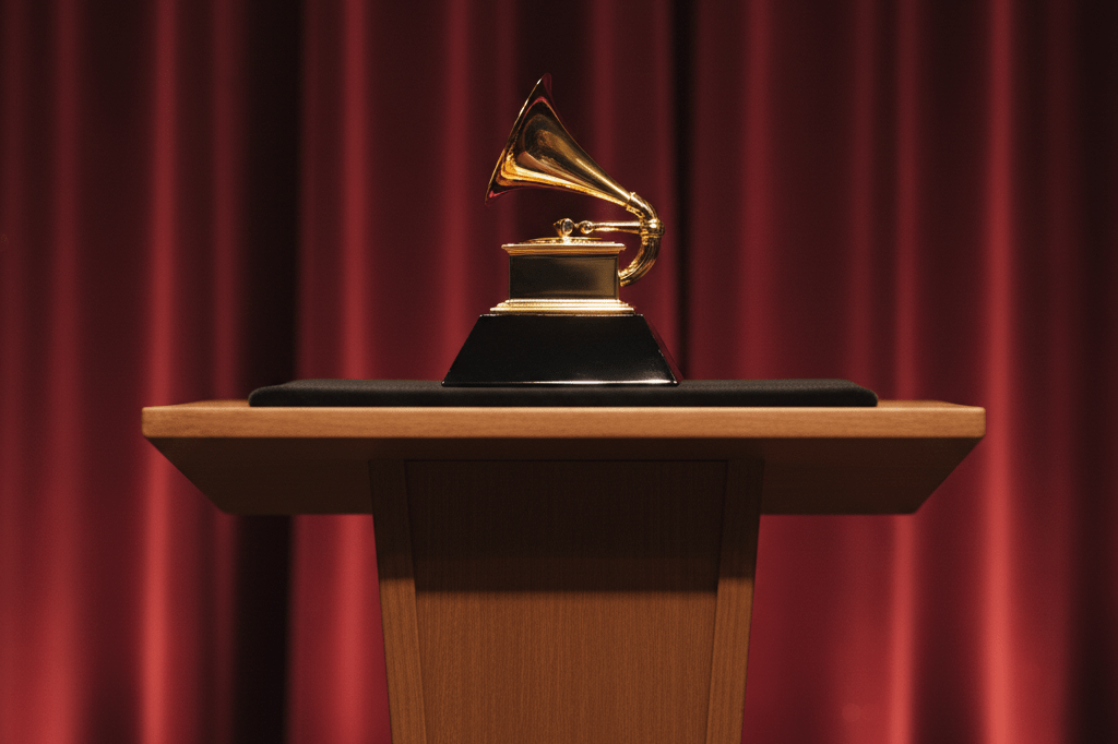 A Grammy Award sits centered on a polished wooden podium under warm stage lighting with blurred maroon theater backdrop